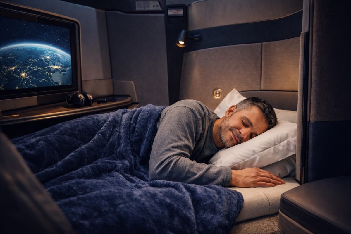 Traveler resting on a modern lie-flat business class seat during a long-haul flight.